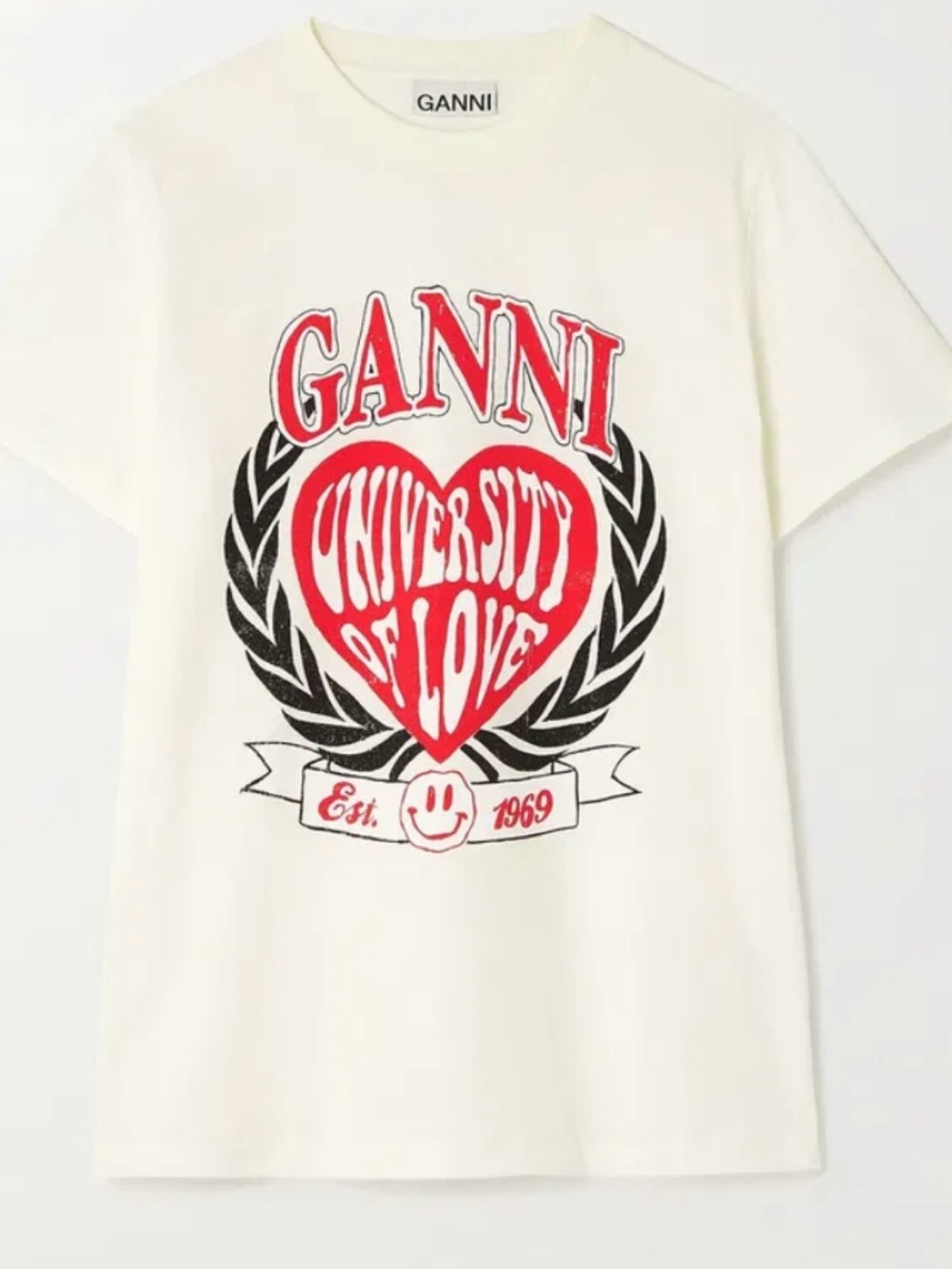 Ganni Cream Tee with Red Heart & Black Laurel Graphic